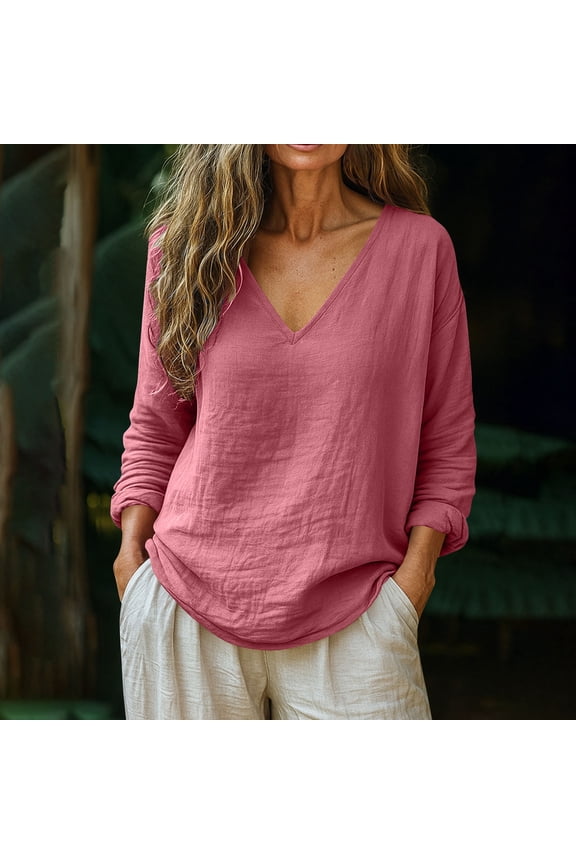Womens Gauze Long Sleeve Tops Trendy Casual Loose Cotton Linen Long Sleeve V Neck Pullover Top Spring Comfy Oversized Blouse Pink XXL