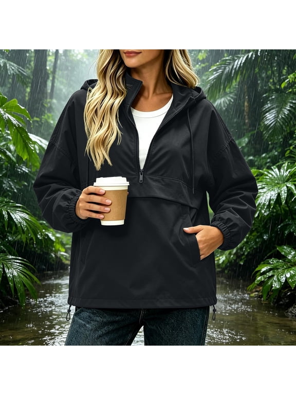 Womens Half Zip Rain Jacket Trendy Solid Color Long Sleeve Casual Lightweight Hiking Travel Windbreaker Fall Raincoats with Pockets Gray XL