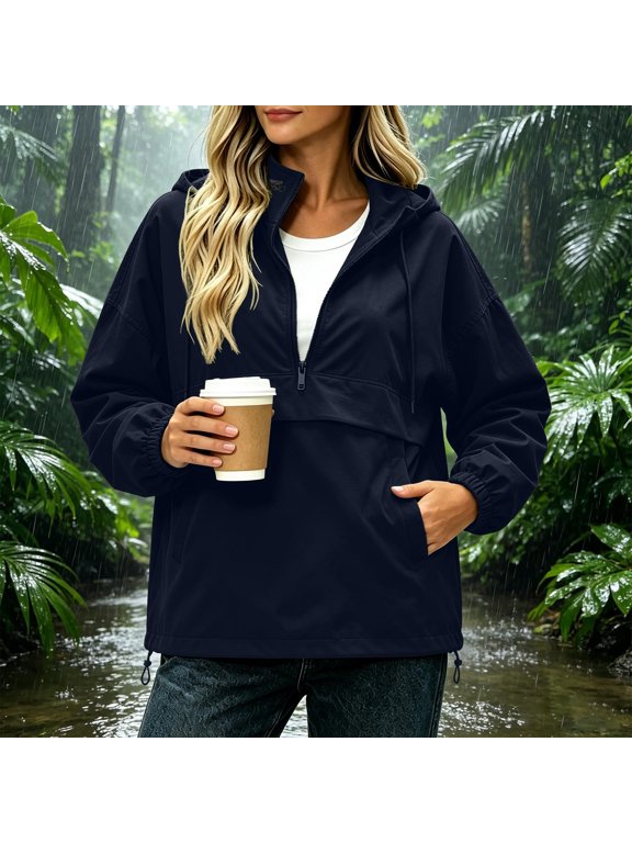 Womens Half Zip Rain Jacket Trendy Solid Color Long Sleeve Casual Lightweight Hiking Travel Windbreaker Fall Raincoats with Pockets Navy XL