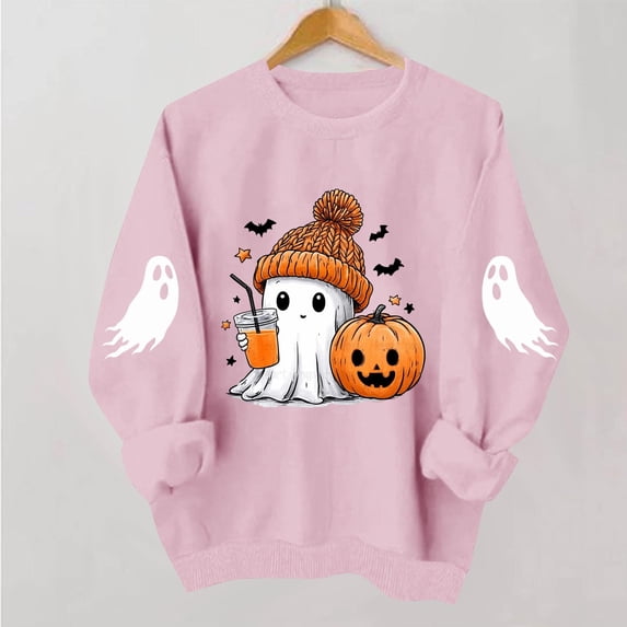 BRGZLK Womens Halloween Sweatshirts Cute Ghost Pumpkin Print Crewneck Long Sleeve Pullover Tops Oversized Fleece Lined Sweaters Top Funny Y2k Fall Clothes Pink S