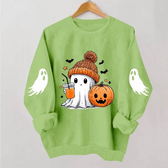 BRGZLK Womens Halloween Sweatshirts Cute Ghost Pumpkin Print Crewneck Long Sleeve Pullover Tops Oversized Fleece Lined Sweaters Top Funny Y2k Fall Clothes Mint Green M