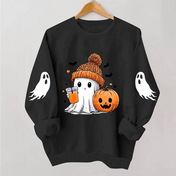 BRGZLK Womens Halloween Sweatshirts Cute Ghost Pumpkin Print Crewneck Long Sleeve Pullover Tops Oversized Fleece Lined Sweaters Top Funny Y2k Fall Clothes Black 2XL