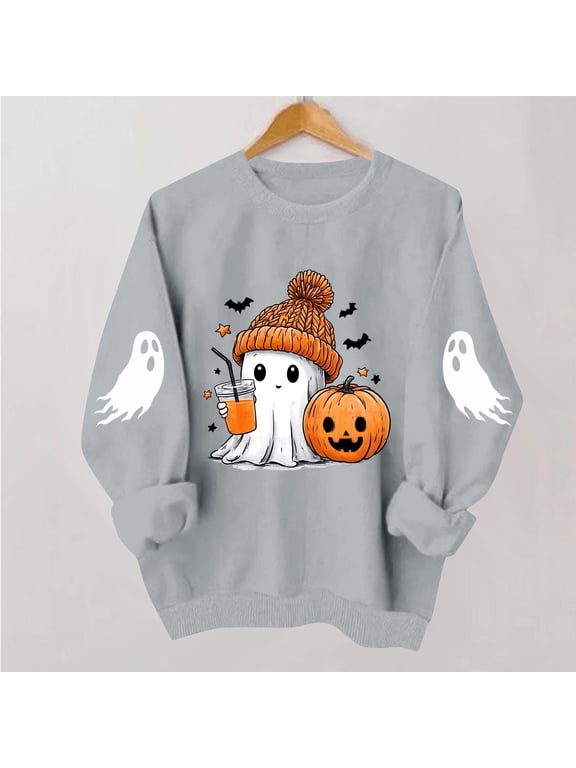 Womens Halloween Sweatshirts Cute Ghost Pumpkin Print Crewneck Long Sleeve Pullover Tops Oversized Fleece Lined Sweaters Top Funny Y2k Fall Clothes Gray XL
