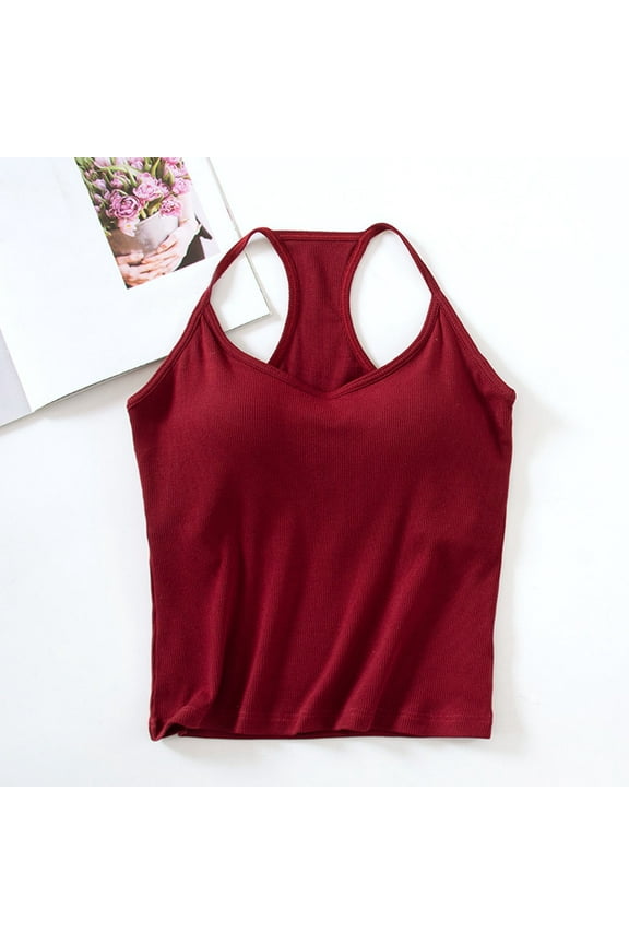Womens Halter Top Fashion Solid Color With Chest Pad No Steel Rings Bottom Underwear Fitted Sleeveless Cami Shirt Wine S