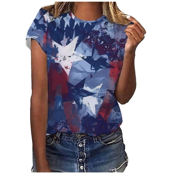 BRGZLK Womens Independence Day Summer Tops Trendy USA Flag Printed Tees Loose Casual Round Neck Short Sleeve Pullover Blouse Tops Navy S