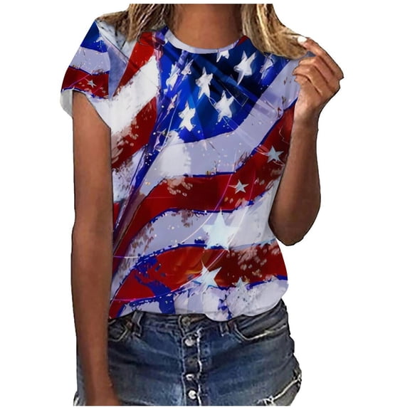 BRGZLK Womens Independence Day Summer Tops Trendy USA Flag Printed Tees Loose Casual Round Neck Short Sleeve Pullover Blouse Tops White S