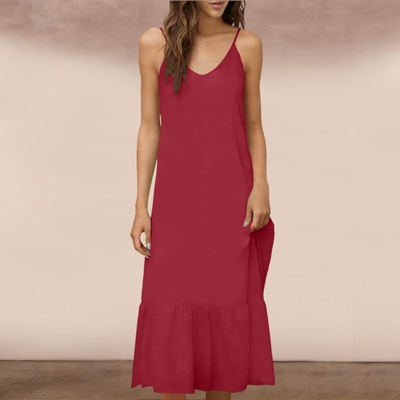BRGZLK Womens Linen Maxi Dress Summer V Neck Sleeveless Spaghetti Strap Sundresses Lightweight Loose Breathable Flowy Beach Sundress Red M