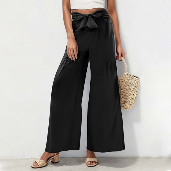 BRGZLK Womens Linen Pants Summer Fashion Solid Color Elastic Waist Drawstring Sports Casual Wide Leg Length Pants Black XL