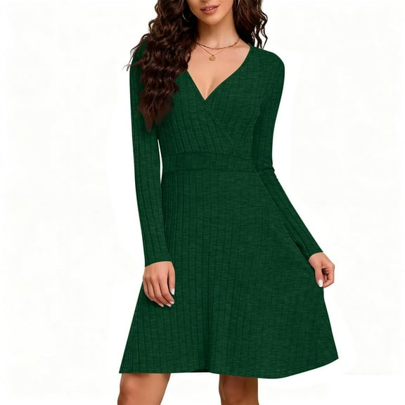 BRGZLK Womens Long Sleeve Dress Ribbed Knit V Neck Long Sleeve Dresses A Line Wrap Dress Fall Business Casual Solid Dress Outfits Green L