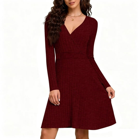 BRGZLK Womens Long Sleeve Dress Ribbed Knit V Neck Long Sleeve Dresses A Line Wrap Dress Fall Business Casual Solid Dress Outfits Wine L