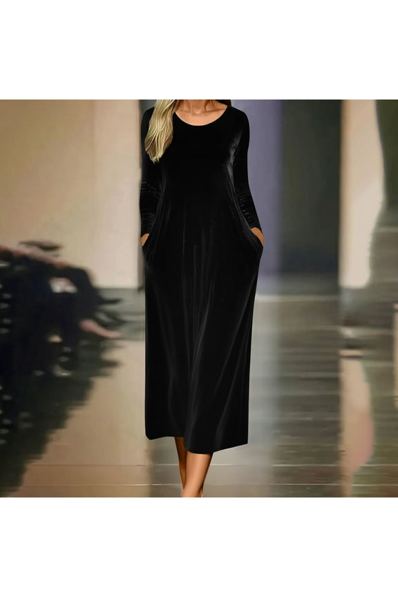 Womens Long Sleeve Dresses Gold Velvet Fall Winter Long Dress Wedding Guest Party Maxi Dress Crew Neck A Line Solid Dresses with Pocket Black XL