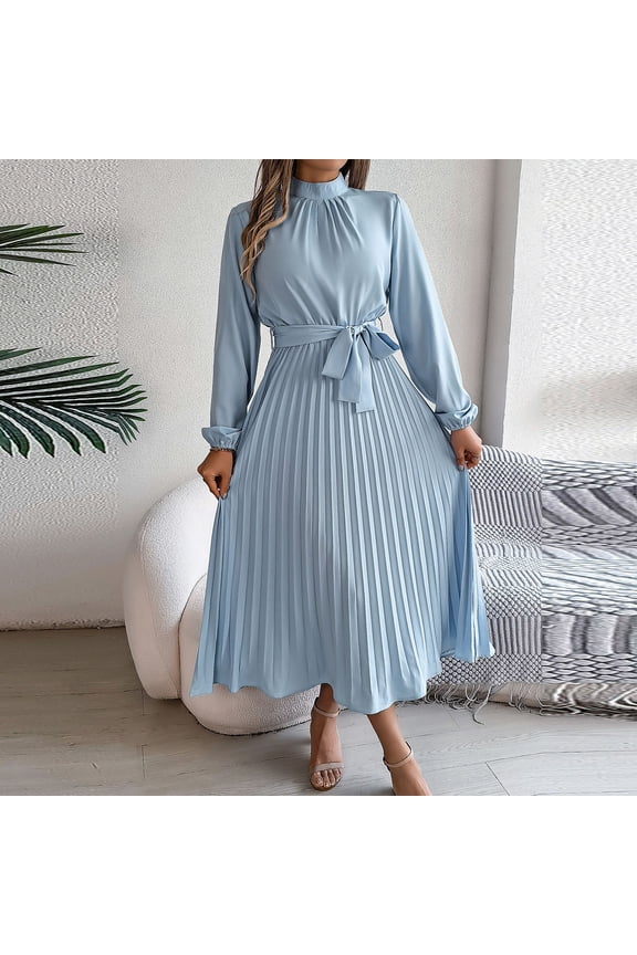 Womens Long Sleeve Pleated Dresses Stylish Solid Color Casual Semi Formal Mock Neck A Line Flowy Midi Dresses Classic Church Dress with Belt Light Blue L