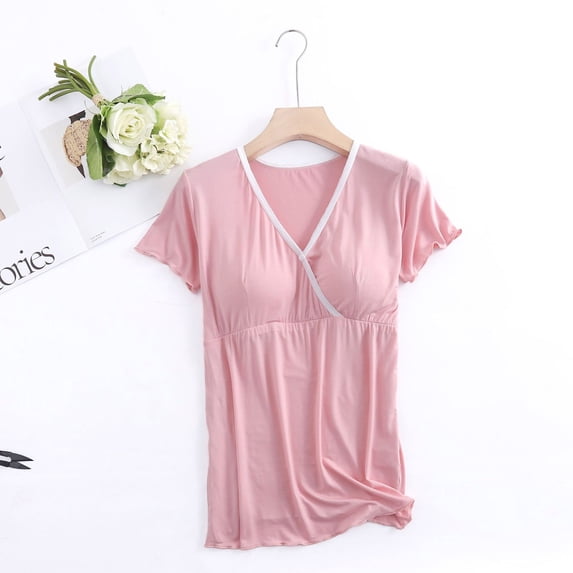BRGZLK Womens Maternity Nursing Tops Trendy Soft Comfortable V-Neck Solid Color Pullover Short Sleeve Casual Breastfeeding Top,Maternity Homewear Base Layer Pink L
