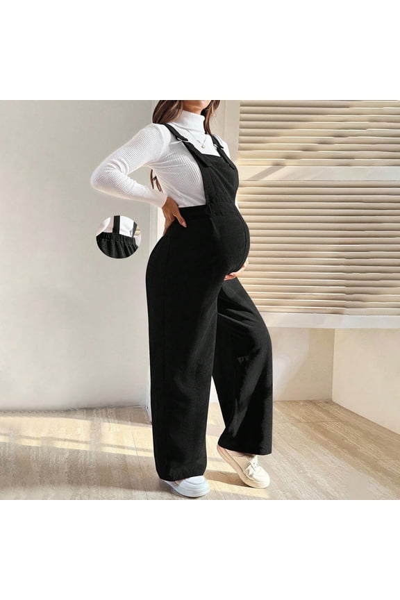 Womens Maternity Overalls Summer Sleeveless Fashion Loose Fit Corduroy Overalls Pants with Adjustable Waist,Pregnancy Jumpsuit Long Pants Black M