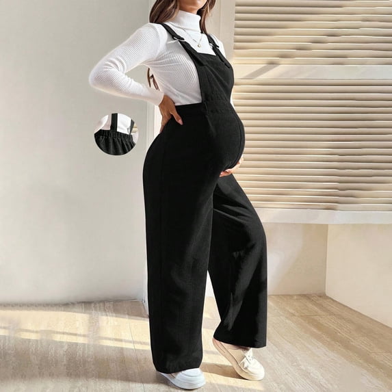 BRGZLK Womens Maternity Overalls Summer Sleeveless Fashion Loose Fit Corduroy Overalls Pants with Adjustable Waist,Pregnancy Jumpsuit Long Pants Black XL
