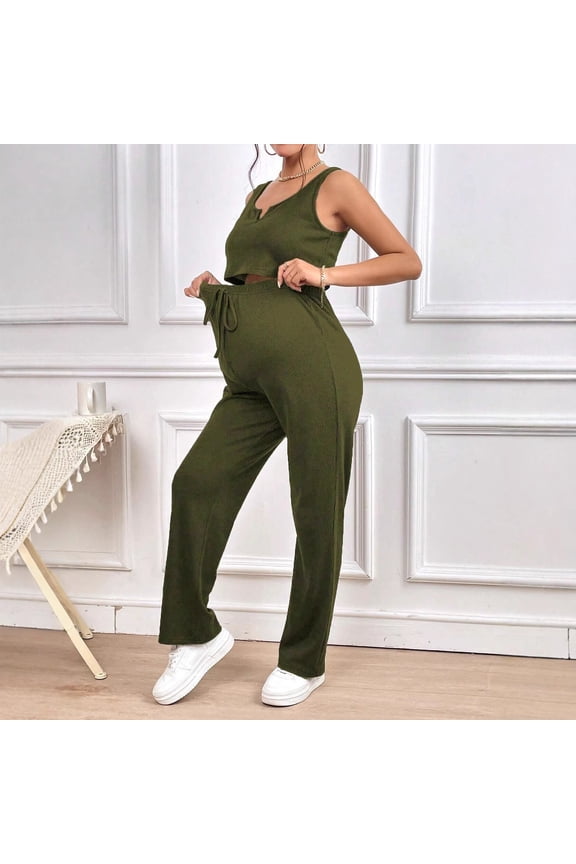 Womens Maternity Sets 2 Piece Outfits Summer Casual and Fashionable Sleeveless Top with Drawstring Pants Set