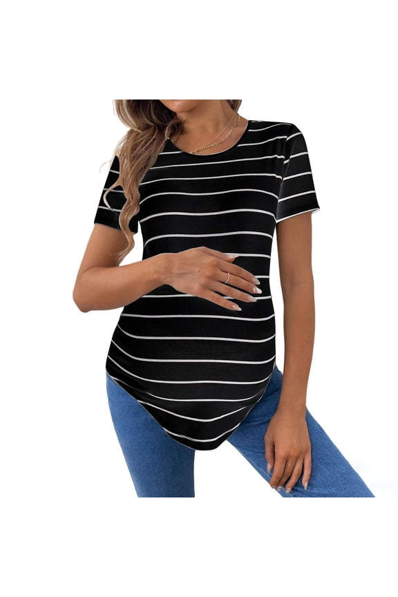 Womens Maternity Short Sleeve Tops Casual Fashion Round Neck Striped Loose Fitted Top with Rounded Hem Trendy Soft Comfortable Cotton Basic Tee Black M