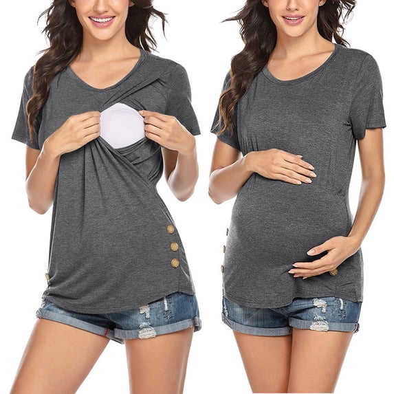 BRGZLK Womens Maternity V Neck T-Shirts Summer Casual Solid Color Round Neck Short Sleeve Side Ruched Buttons Breastfeeding Top,2026 Spring Summer Business Blouses Dark Gray XL