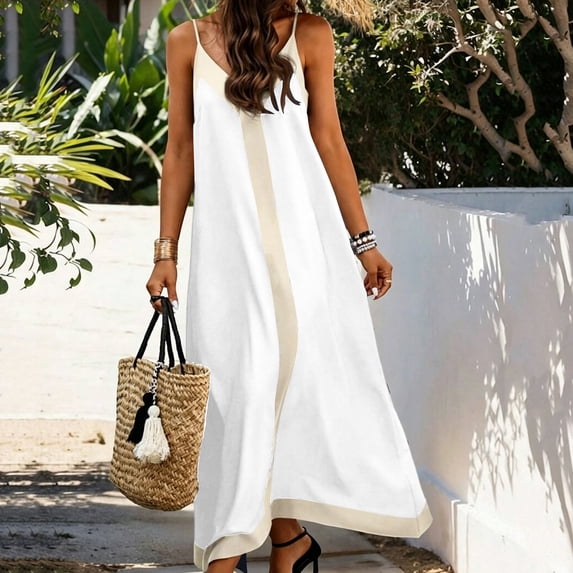 BRGZLK Womens Maxi Dress Summer 2026 Stylish Colorblock V Neck Spaghetti Strap Elegant Sundress Loose Breathable Lightweight Flowy Party Maxi Dresses White M