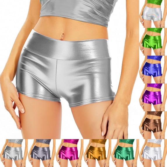 BRGZLK Womens Metallic Booty Shorts High Waisted Shiny Solid Color Party Ball Bright Face Slimming Shorts