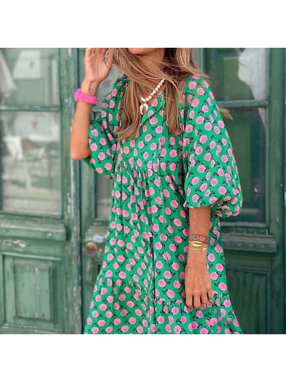 Womens Midi Dress Loose Fit Casual Summer 2026 V Neck Puff Sleeve Bohemian Geometric Pattern Plus Size Lightweight Breathable Flowy Maxi Long Dresses Green 3XL