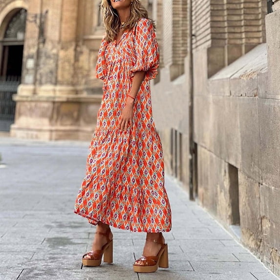 BRGZLK Womens Midi Dress Loose Fit Casual Summer 2026 V Neck Puff Sleeve Bohemian Geometric Pattern Plus Size Lightweight Breathable Flowy Maxi Long Dresses Red A S