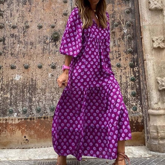 BRGZLK Womens Midi Dress Loose Fit Casual Summer 2026 V Neck Puff Sleeve Bohemian Geometric Pattern Plus Size Lightweight Breathable Flowy Maxi Long Dresses Purple XXL