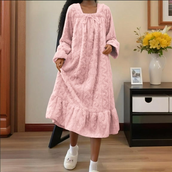 BRGZLK Womens Nightgowns Winter Casual Princess Style Dress Fashion Comfort Coral Fleece Bow Medium Long Nightgown Pink L