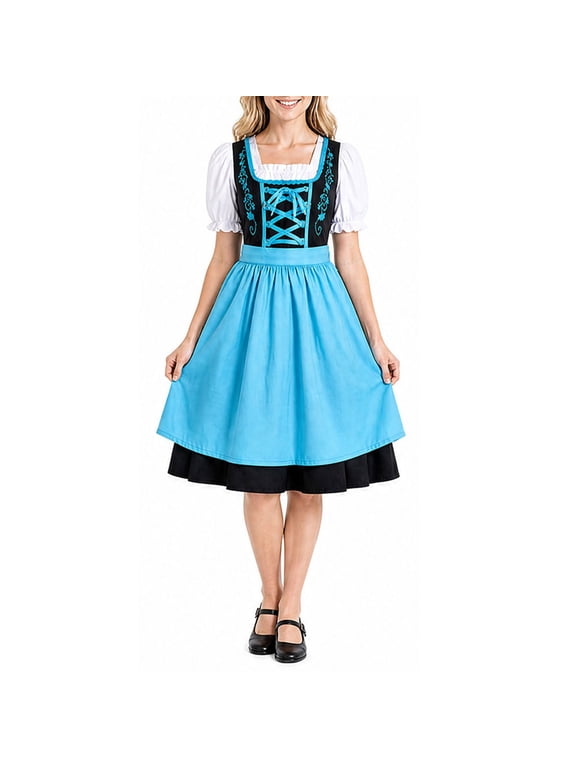 Womens Oktoberfest Dirndl Dress Trendy Square Neck Puff Short Sleeve Lace Up Corset Dresses Maid Apron Style Halloween Outfit Cosplay Costume Blue 4XL