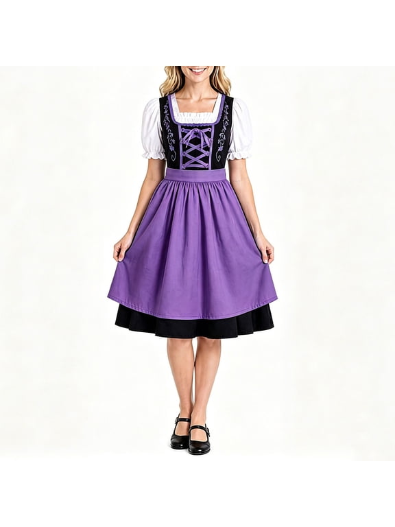 Womens Oktoberfest Dirndl Dress Trendy Square Neck Puff Short Sleeve Lace Up Corset Dresses Maid Apron Style Halloween Outfit Cosplay Costume Purple 5XL