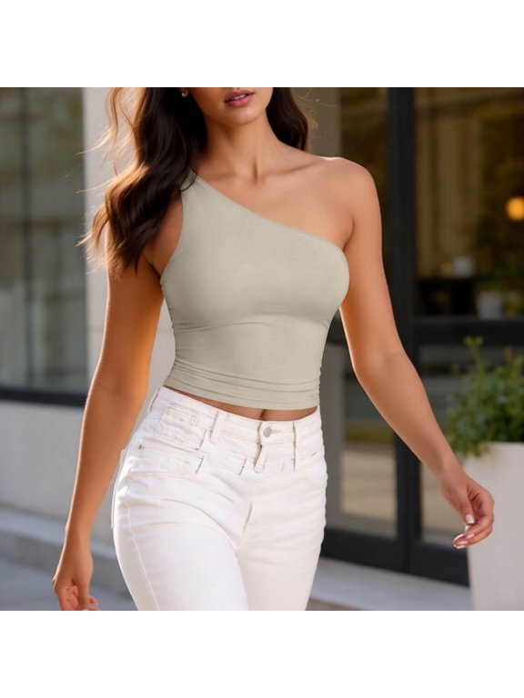 Womens One Shoulder Tops Summer Solid Color Sleeveless Slim Fit Cropped Going Out Tank Top 2026 Novel Trendy Soft Comfy Tee Shirts Gray XXL