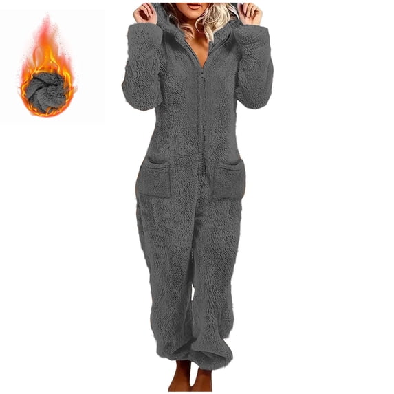 BRGZLK Womens Onesie Costume Plush Hooded Jumpsuit Sherpa Long Sleeve Hoodies Casual Winter Warm Zipper Rompers Homewear Gray XXL