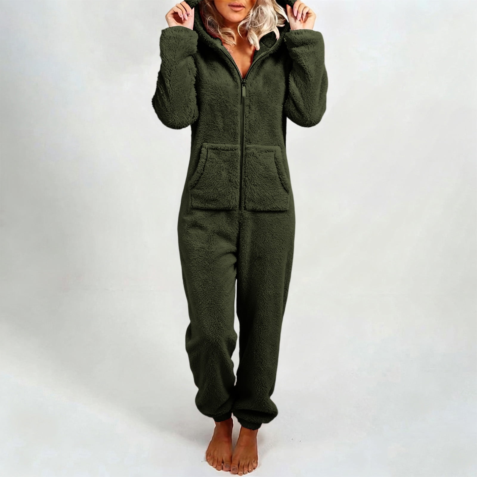 BRGZLK Womens Onesie Homewear Sherpa Hooded Jumpsuit Fuzzy Warm Romper Winter Adult Loungewear with Pockets Casual Homewear Army Green XXXXL
