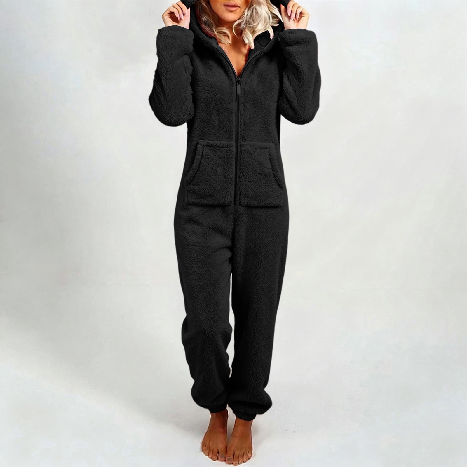 BRGZLK Womens Onesie Homewear Sherpa Hooded Jumpsuit Fuzzy Warm Romper Winter Adult Loungewear with Pockets Casual Homewear Black S