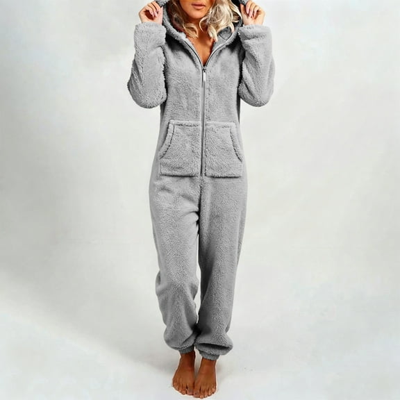 BRGZLK Womens Onesie Homewear Sherpa Hooded Jumpsuit Fuzzy Warm Romper Winter Adult Loungewear with Pockets Casual Homewear Dark Gray M