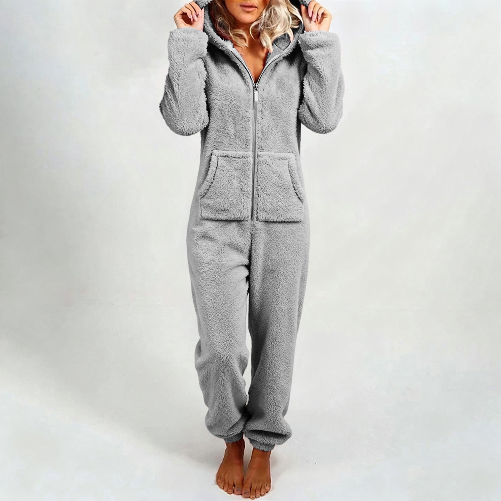 BRGZLK Womens Onesie Homewear Sherpa Hooded Jumpsuit Fuzzy Warm Romper Winter Adult Loungewear with Pockets Casual Homewear Dark Gray XXXL