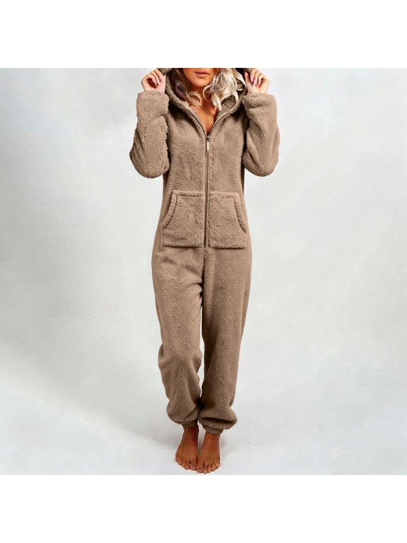 Womens Onesie Homewear Sherpa Hooded Jumpsuit Fuzzy Warm Romper Winter Adult Loungewear with Pockets Casual Homewear Khaki M