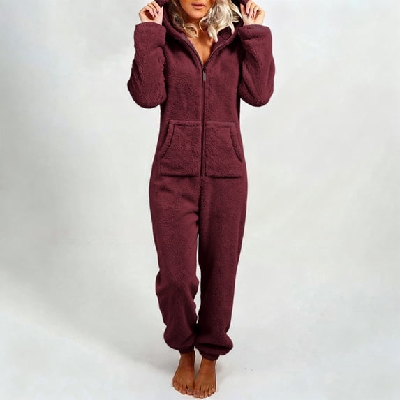 BRGZLK Womens Onesie Homewear Sherpa Hooded Jumpsuit Fuzzy Warm Romper Winter Adult Loungewear with Pockets Casual Homewear Wine XXXXXL