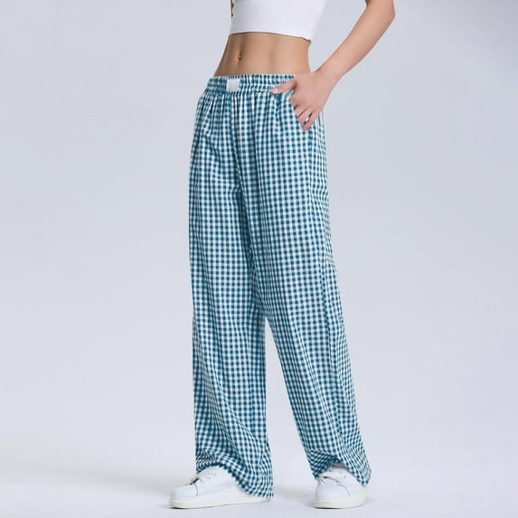 BRGZLK Womens Pajama Pant Spring And Summer Fashion Checkered Printed Comfortable Casual Elastic Waist Bottom Casual Pants Light Blue L