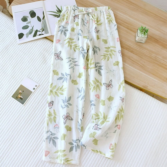 BRGZLK Womens Pajamas Pants Fashion Print Pure Cotton Gauze Casual Home with Pocket Lightweight Wide Leg Elastic Waist Pajamas Long Pants White M