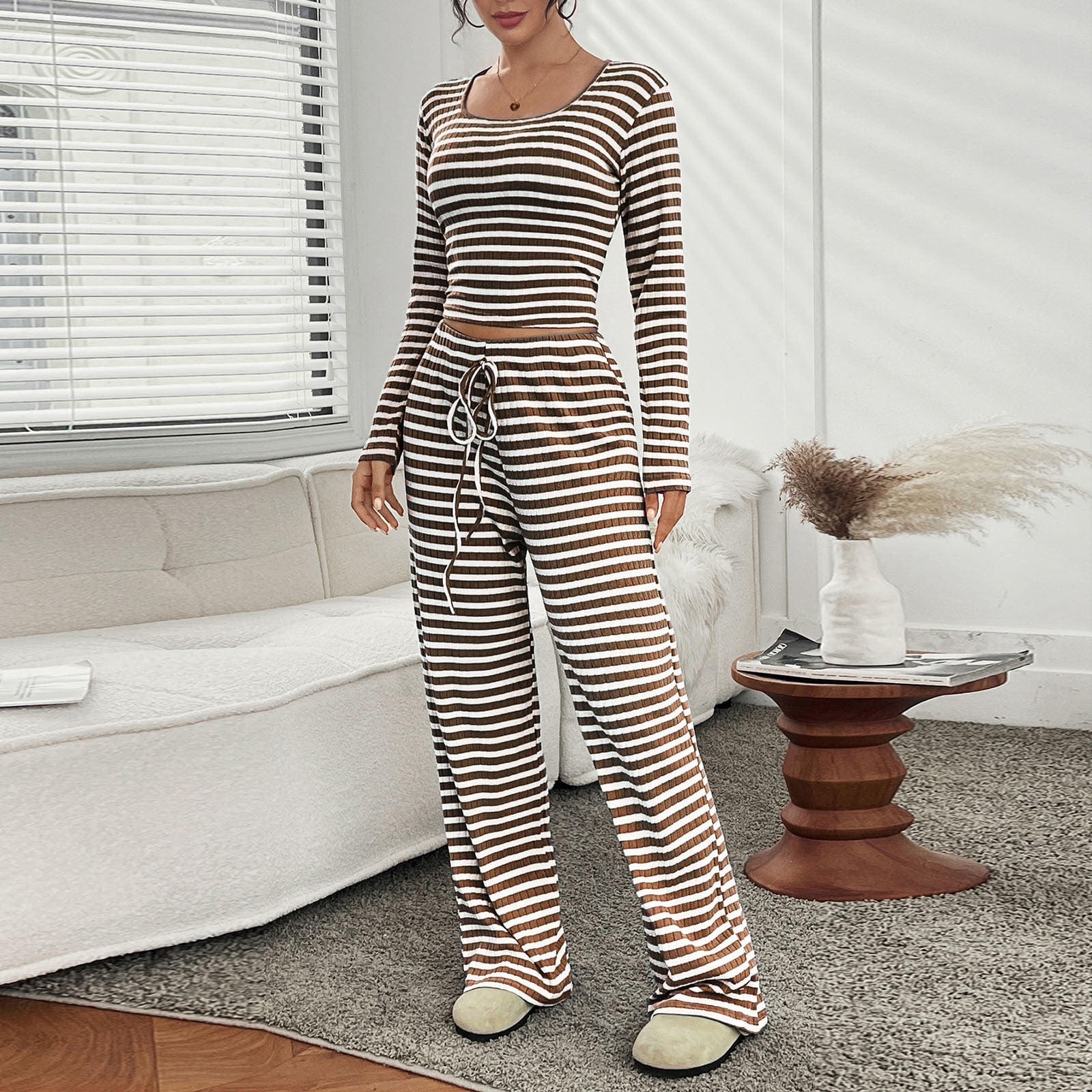 BRGZLK Womens Pajamas Stripe Cozy Round Neck Open Front Long Sleeve ...
