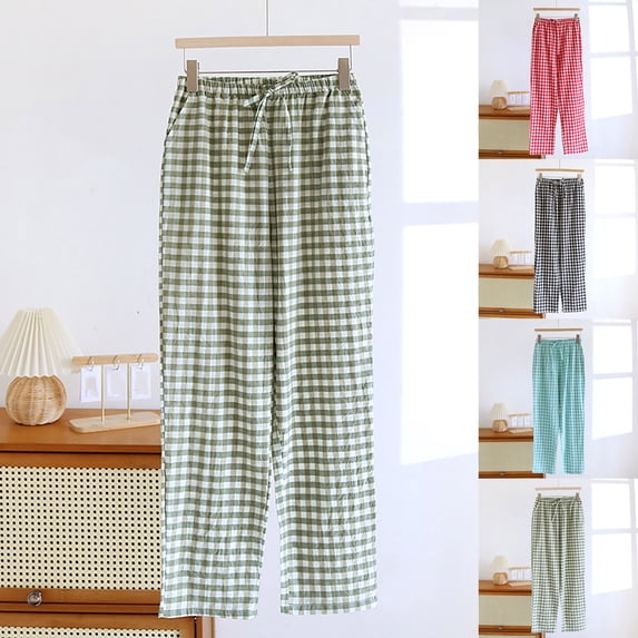 BRGZLK Womens Pants Striped Wide Leg Drawstring Checkered Elastic High Waisted Lounge Pajama Pants Cute Casual Trousers with Pockets