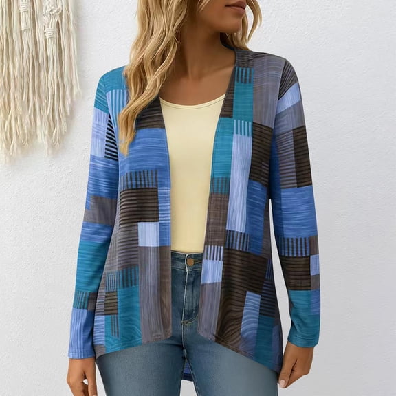 BRGZLK Womens Patchwork Trendy Tops Casual Round Neck Long Sleeve Cardigan Homewear Loose Fall Trendy Clothes Blue S