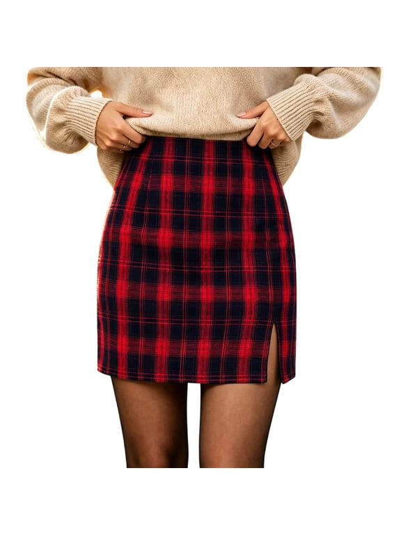 Womens Plaid Bodycon Skirts Vintage Elastic High Waist SIde Slit Skirts with Shorts for Date Night Holiday Party, Ladies Fashion Clothes Red XL