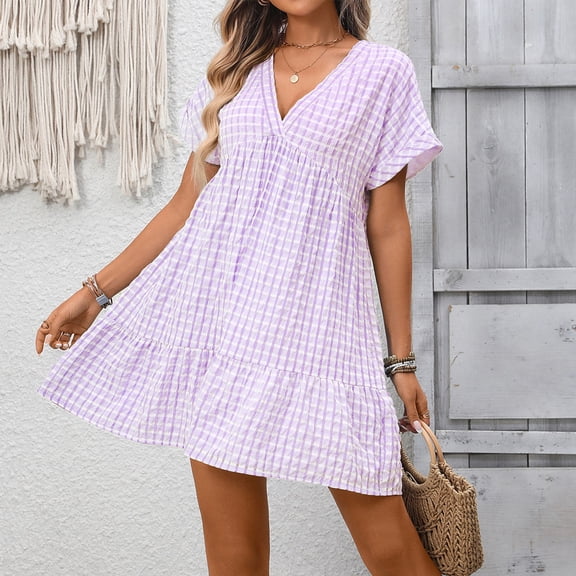 BRGZLK Womens Plaid Dresses Loose Casual Ruffle Deep V Neck Flowy Short Sleeve Fashion Plaid Dress for Spring Summer Daily Weraing Purple M