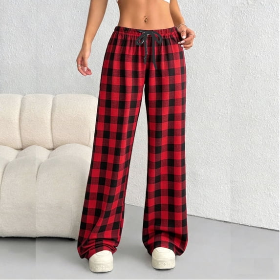 BRGZLK Womens Plaid Pants Trendy Elastic Waist Stretch Soft Comfy Wide Leg Pants with Drawstring and Pocket Wear Outside Long Pants Red XL