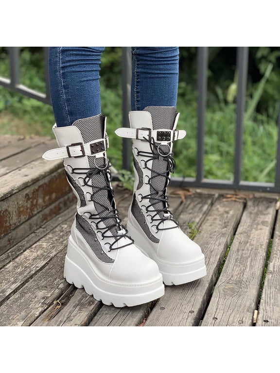 Womens Platform Mid Calf Boots Winter Plus Size Round Toe Chunky Heel PU Leather Goth Zip Lace Up Street Style Knee High Boot Trendy Motorcycle Booties White 36