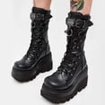 thumbnail image 1 of BRGZLK Womens Platform Mid Calf Boots Winter Plus Size Round Toe Chunky Heel PU Leather Goth Zip Lace Up Street Style Knee High Boot Trendy Motorcycle Booties Black 39, 1 of 9