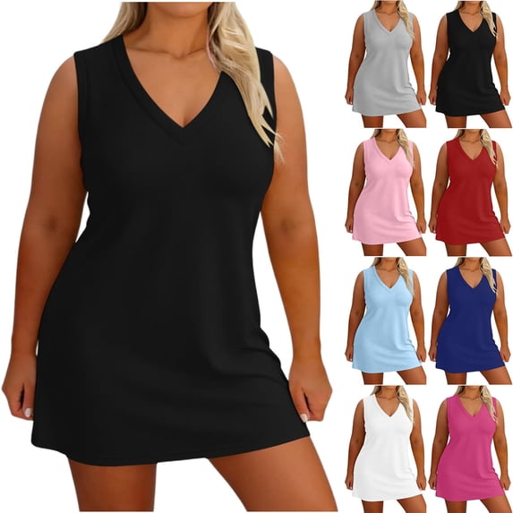 BRGZLK Womens Plus Size Mini Dress Fashionable Loose Comfortable Summer Casual Beach 2026 Sleeveless V Neck Loose Split Wrinkle-Free Travel Vacation Short Sundress