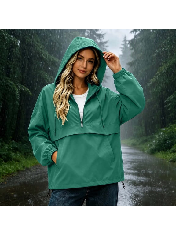 Womens Rain Jackets Windbreaker Quarter Zip Lightweight Windproof Waterproof Hooded Raincoats with Pockets Outdoor Casual Hiking 2026 Fall Winter Clothes Green L